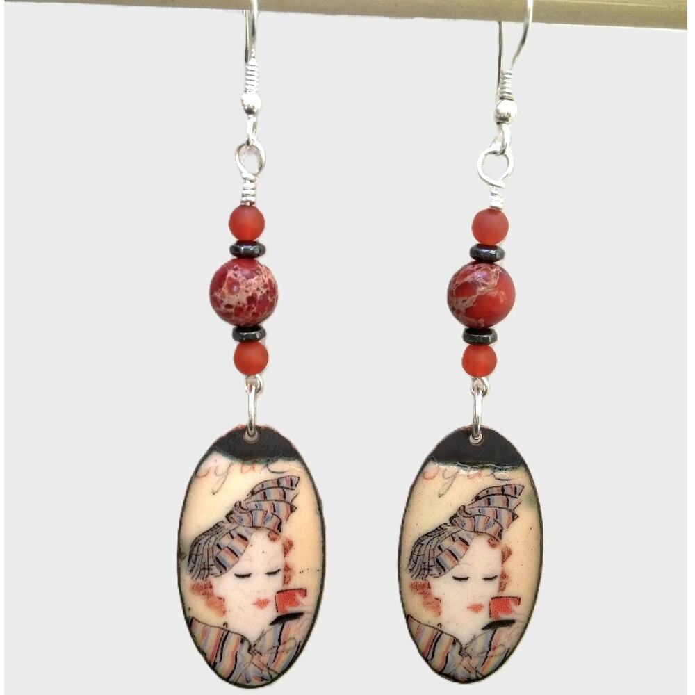 Art Deco Portrait Drop Earrings Artisan Oval Copper Charms Red Jasper Hematite